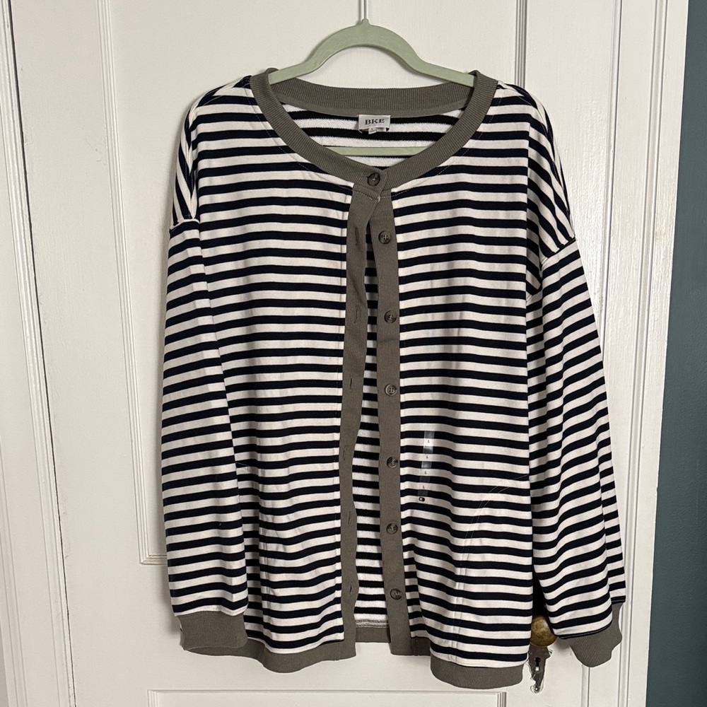 Navy and white stripped cardigan with green trim